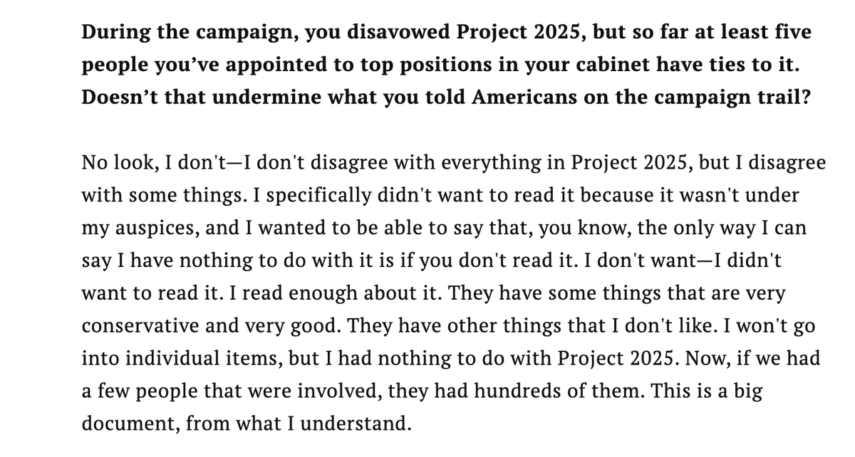 Trump's new tune on Project 2025: "I don't disagree with everything in Project 2025 ... they have some things that are very conservative and very good."