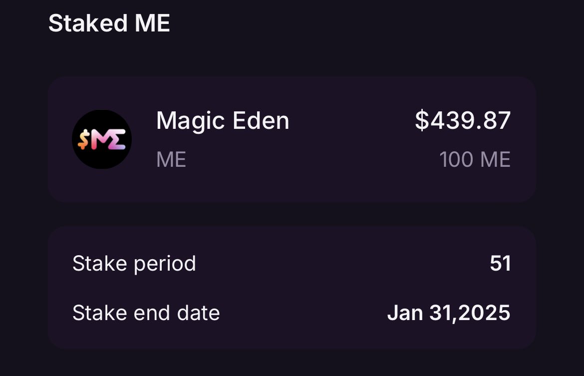 LasseUtke's tweet photo. Been hiding from the Crypto/NFT world for a long time - but the $ME airdrop got me out of my hiding spot 👀 Feeling blessed!

Sold half and staking most of the rest, hoping I’m doing it right!

Here’s some screenshots of my staking plan - also have 85 $ME staked for 4 years🙏🏻 https://t.co/4G4u7X3EBH