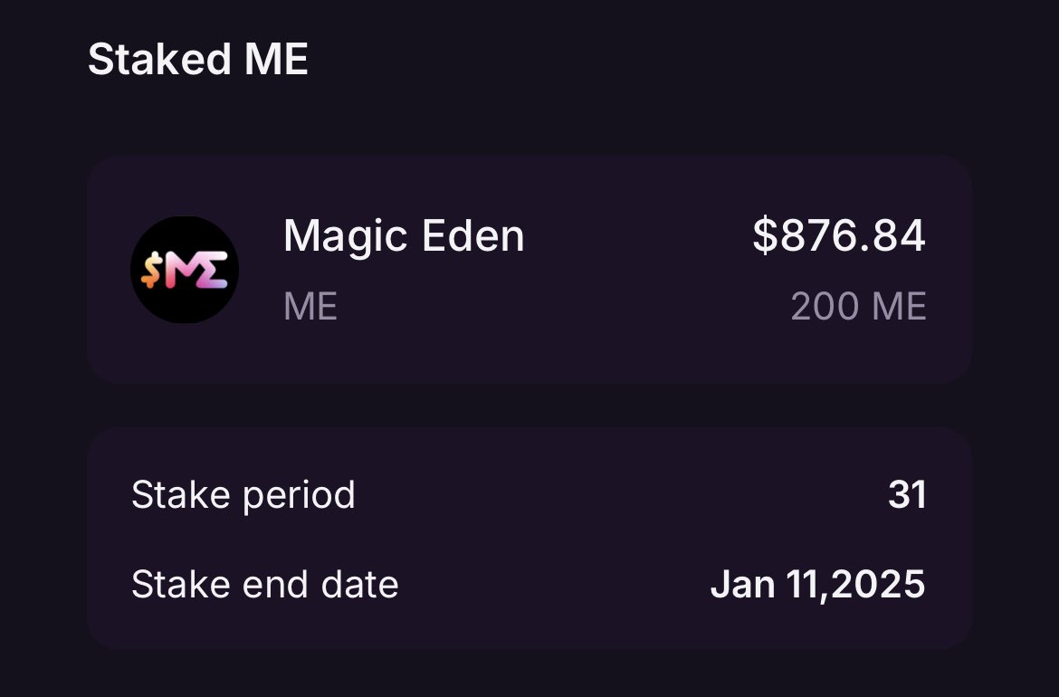 LasseUtke's tweet photo. Been hiding from the Crypto/NFT world for a long time - but the $ME airdrop got me out of my hiding spot 👀 Feeling blessed!

Sold half and staking most of the rest, hoping I’m doing it right!

Here’s some screenshots of my staking plan - also have 85 $ME staked for 4 years🙏🏻 https://t.co/4G4u7X3EBH