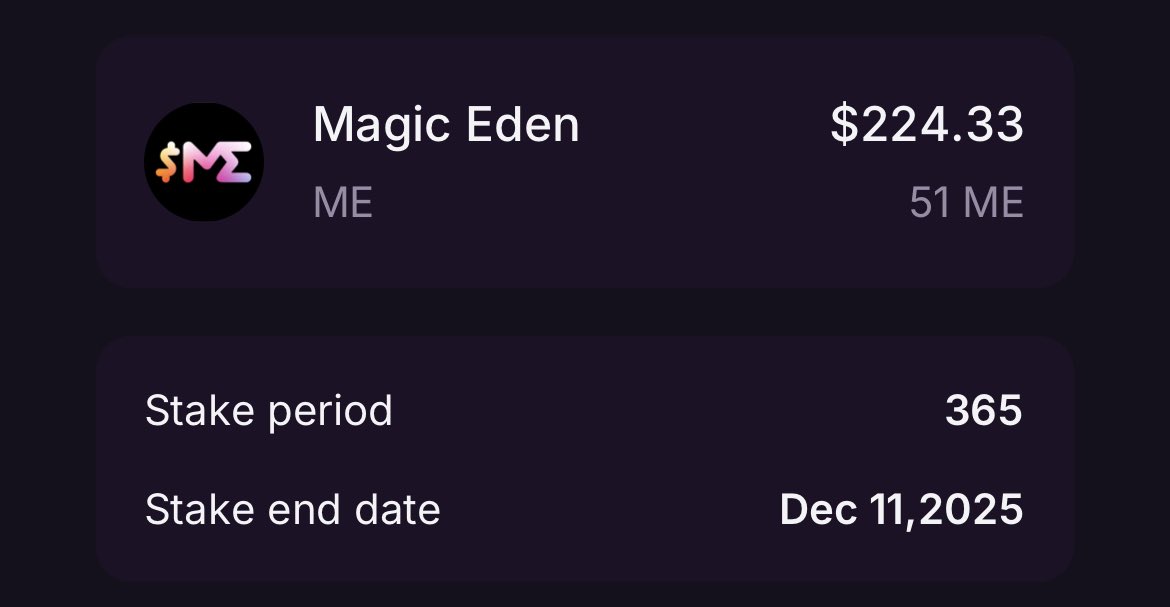 LasseUtke's tweet photo. Been hiding from the Crypto/NFT world for a long time - but the $ME airdrop got me out of my hiding spot 👀 Feeling blessed!

Sold half and staking most of the rest, hoping I’m doing it right!

Here’s some screenshots of my staking plan - also have 85 $ME staked for 4 years🙏🏻 https://t.co/4G4u7X3EBH