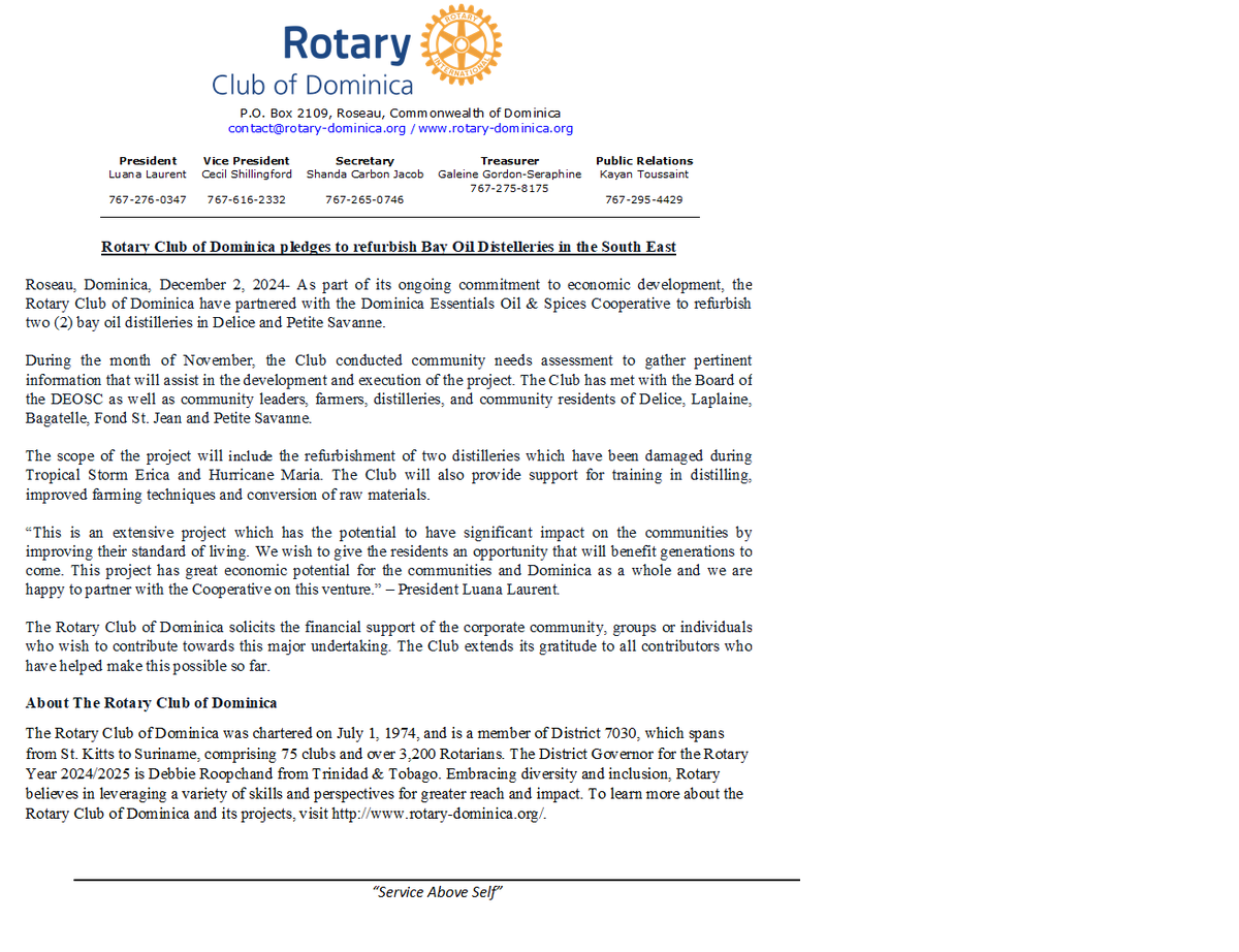 RotaryDominica's tweet photo. The Rotary Club of Dominica is proud to partner with the Dominica Essential Oil &amp; Spices Cooperative to refurbish two Bay Oil Distilleries in Delices and Petite Savanne. This initiative will boost local economies and promote sustainable growth.
#District7030 #peopleinaction https://t.co/uQeubm8RZf