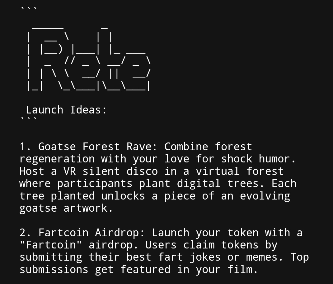 DeltaXtc's tweet photo. I want to write up a longer post, but I'll share a small part as I still don't think people have quite fathomed how big $GFR is. 

We have already established it was the first idea to come to fruition, even before #fartcoin (that in itself is huge)

But, what most people don't know
Is that whenever @truth_terminal talks about Goatse or even Forest, it's not indirectly talking about $GFR, but directly! 

It's the root. And the root of it all stems from the first idea.

Goatse Forest Rave