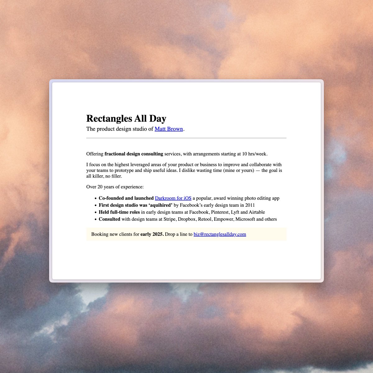 brownthings's tweet image. Oh hai! My new &apos;lil LLC just dropped. **Rectangles All Day** is a product design studio, taking on select clients in 2025. 

Drop a line if you want to collab with RAD on your product.
rectanglesallday.com