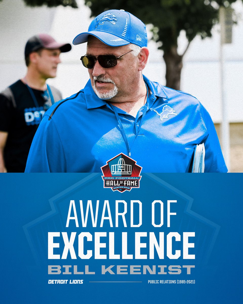 LionsPR's tweet photo. Congratulations to longtime @LionsPR man Bill Keenist on receiving the Award of Excellence from the @ProFootballHOF!

Bill's career with the @Lions spanned 36 years (1985-2021) where he held a variety of front office roles in the fields of communications, broadcasting, marketing & team history. He served as the team's senior vice president of communications for nearly two decades