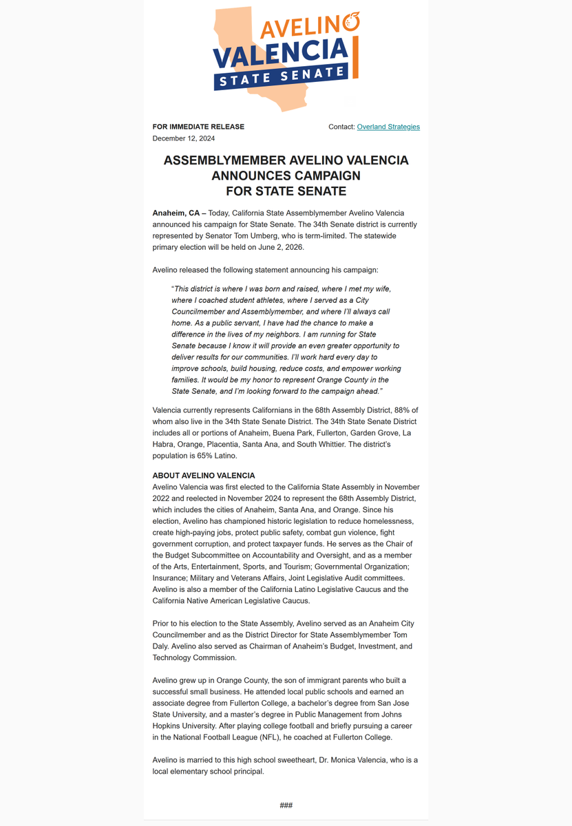 rpyers's tweet photo. INBOX: #AD68 Democratic Assemblyman Avelino Valencia launches campaign for the open #SD34 seat being vacated by incumbent Tom Umberg, who is termed out.
Ousted Democratic State Senator Josh Newman not having any luck clearing the field in this majority-Latino VRA district. https://t.co/syeTJtd4Z7