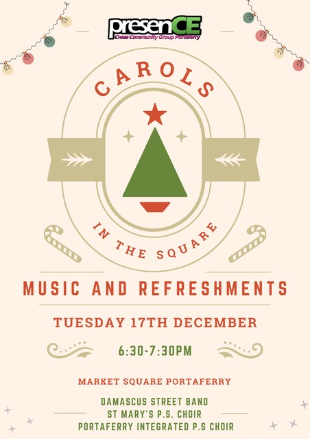 Carols in the Square on Tuesday 17th December at 6:30pm. Damascas Street band will be with us as well as the two primary schools. Wrap up warm and enjoy a good sing of good news for a change! Light refreshments in the Market House afterwards. #presenceportaferry #Portaferry
