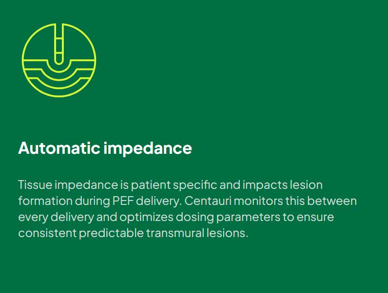 Personalized ablation for every patient! Centauri’s Automatic Impedance feature tailors each pulse to tissue impedance, ensuring consistent lesions across all tissue types.

ow.ly/fOb650SCjZM #PFA #Centauri #epeeps #AFIB 

Centauri is not for sale in the US.