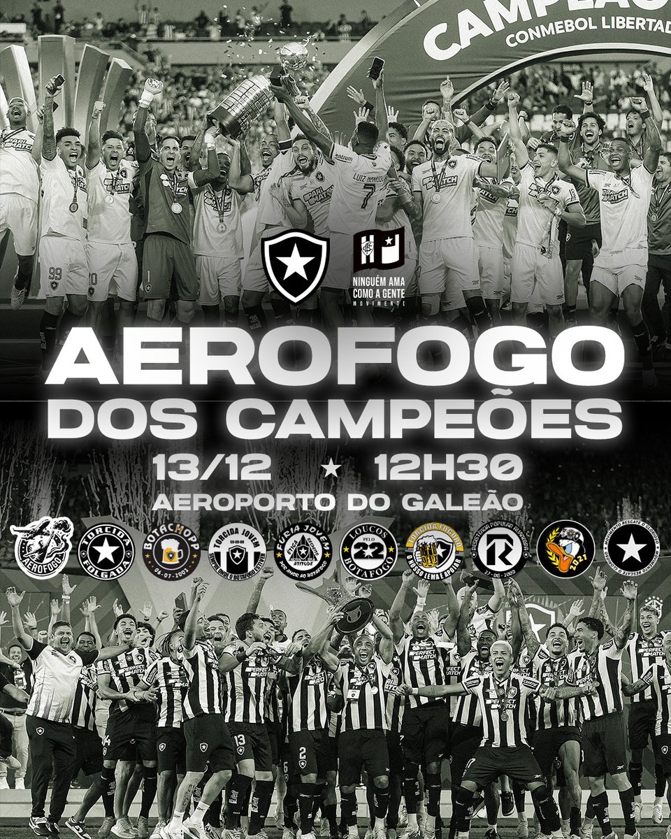 ✈️ *AEROFOGO CAMPEÃO* ✈️

📍Aeroporto Galeão 

🗓️ *Data: 13/12*
🕰️ *Horário: 12:30* 

Vamos recepcionar os campeões da América e campeões do Brasil. 

Nossos heróis merecem total reconhecimento e gratidão nesse momento. 

*Vamos em peso fazer essa festa*🔥