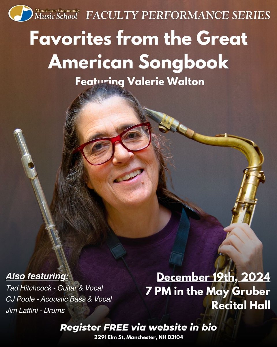 Our third Faculty Performance Series concert: Favorites from the Great American Songbook featuring our very own Valerie Walton is taking place next Thursday, December 19th! Be sure to register online FREE using the following link: mcmusicschool.org/faculty-perfor…
WALK-INS ARE WELCOME