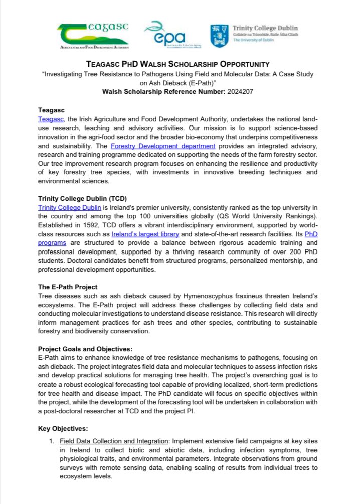 DRaj_Rathore's tweet photo. #PhD #Opportunity: Investigating Tree Resistance to Pathogens Using Field and Molecular Data: A Case Study on #Ash #Dieback (E-Path)
Teagasc &amp; Trinity College Dublin collaborative project funded by @EPAIreland for 4-years
Details: https://t.co/PPAHp6AwBN
Deadline: 10 January 2025 https://t.co/iMPYOGSiU6