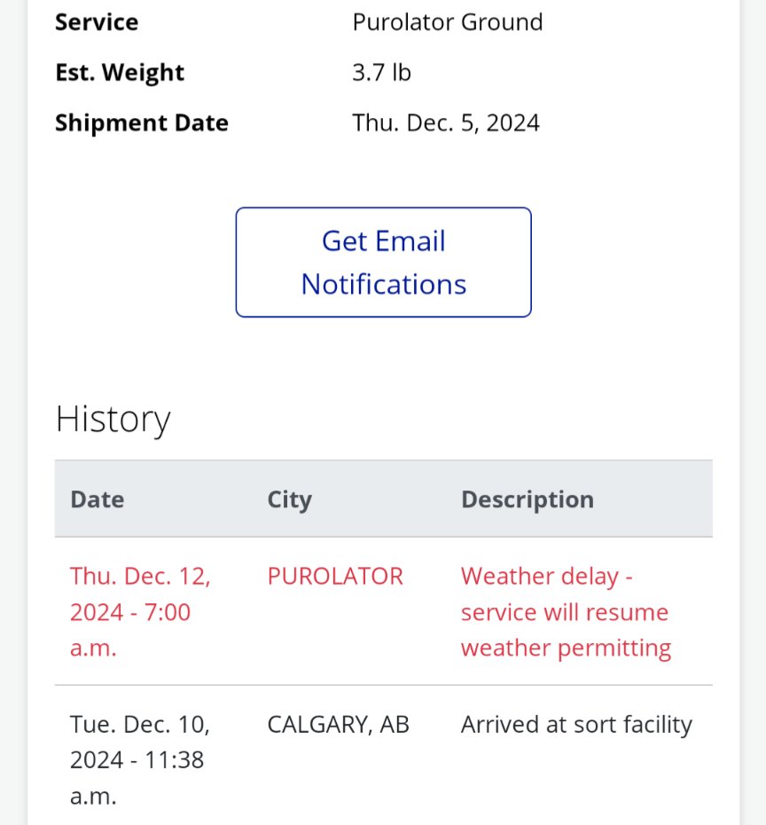 XChikom's tweet photo. What cr@p is this, @PuroLatorInc? There is NO weather issue in Calgary!
#purolator #purolatordelay https://t.co/Omw3tBPczd