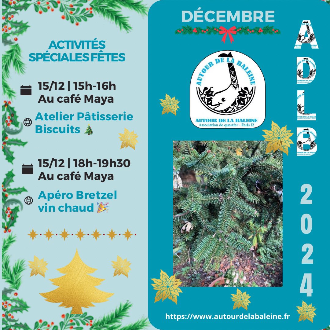 AutourBaleine's tweet photo. 🎄Activités spéciales fêtes ✨ ce dimanche 15/12 après-midi au @cafemayaparis : fabrication de biscuits aux épices et au miel (15h-16h) suivi d’un apéro bretzel / vin chaud à 18h ! 

#paris12
#cafemayaparis https://t.co/TQBl2TdZ8t