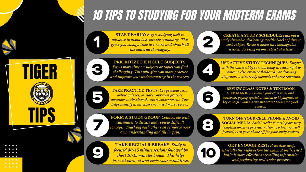 Heights High's Midterm Exams will take place next week, starting on Wednesday, December 18. Students, make sure you arrive to each of your exams ON TIME and prepared!

Below is the Midterm Exam Schedule and 10 tips on how to study for your midterms.

Good luck, Tigers! 🐯