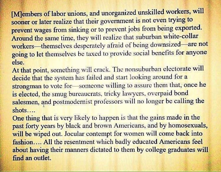 JohnFugelsang's tweet image. Richard Rorty predicts Trump and why hardworking Americans would be suckered into voting for him; back in 1998.