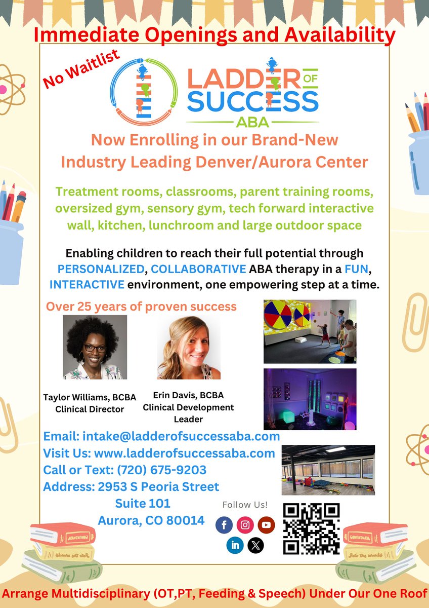 Ladder of Success ABA (@aba_ladder) on Twitter photo Our state-of-the-art and industry leading ABA Center in Denver/Aurora with best-in-class treatment rooms, classrooms, parent training rooms, oversized gym, sensory gym, kitchen, lunchroom, interactive wall and large outdoor space. Our state-of-the-art and industry leading ABA Center in Denver/Aurora with best-in-class treatment rooms, classrooms, parent training rooms, oversized gym, sensory gym, kitchen, lunchroom, interactive wall and large outdoor space.