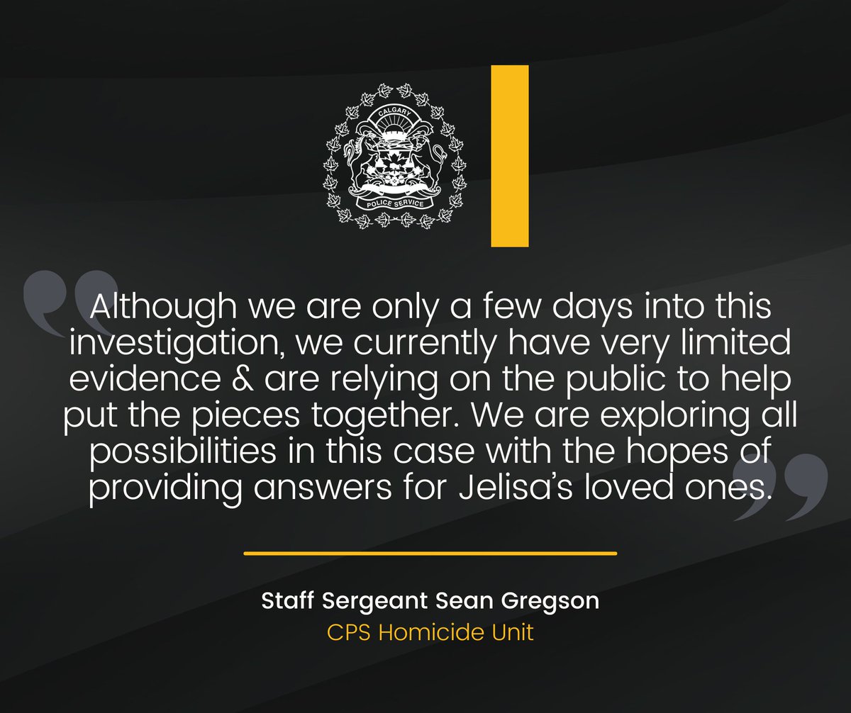 CalgaryPolice's tweet photo. 🔵 UPDATE 🔵

We continue to look for answers in the death of a woman, who was located along a northeast Calgary pathway earlier this week.

📍 At approx. 4 a.m., on Monday, Dec. 9, 2024, we were called to the Nose Creek Pathway located near the 1100 block of 32 Avenue N.E., for reports that a passerby had located a woman who was believed to be in medical distress.

The victim was transported to hospital in life-threatening condition. She has since succumbed to her injuries.

The identity of the woman was released as 23-year-old Jelisa MASCHKI of Calgary. An autopsy was conducted earlier today, Thursday, Dec. 12, 2024, by The Office of the Chief Medical Examiner, however, Jelisa’s manner of death remains undetermined.

At this time, it is unknown whether Jelisa was the victim of an assault or a tragic accident.

📣 Anyone who believes they saw any suspicious activity along the Nose Creek Pathway in the early morning hours on Monday, Dec. 9, 2024, or who was in recent contact with Jelisa is asked to contact police.

Information?
☎️ CPS: 403-266-1234
🛑 @StopCrimeYYC 

⚖ Case #: CA24510454 | 5173

🌐 https://t.co/t3cennnZAb