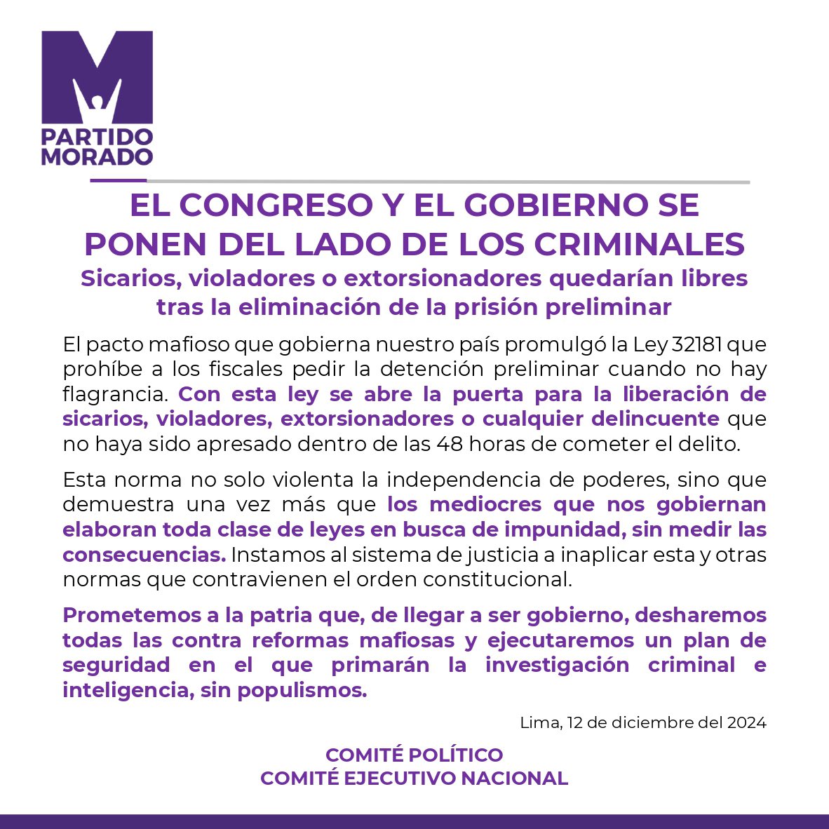 El Congreso y el Gobierno aprueban la Ley 32181 que permite la liberación de sicarios, violadores o extorsionadores al restringir la prisión preliminar. Esta norma socava la justicia, fomenta la impunidad y expone a la ciudadanía a más inseguridad.