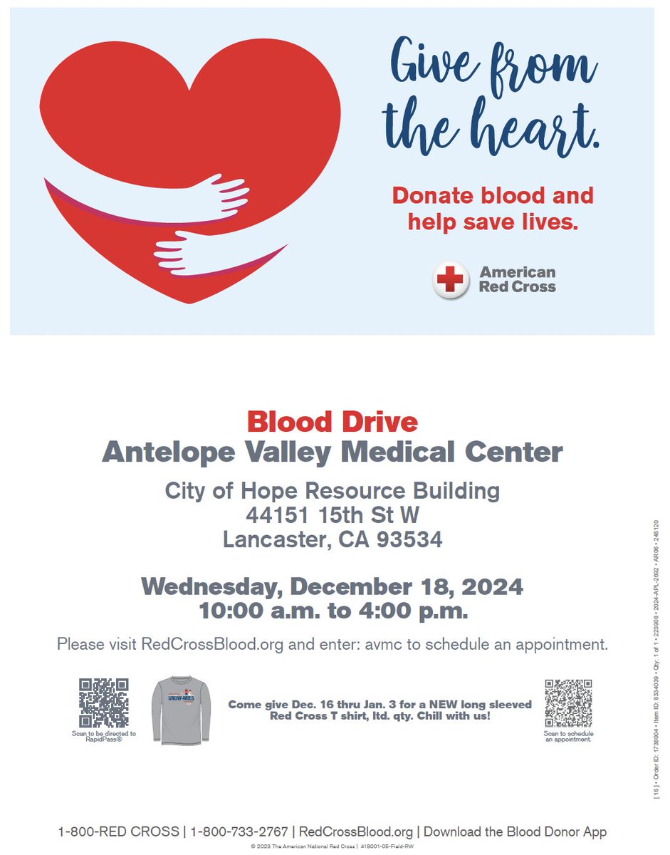 avmedicalcenter's tweet image. 🩸 Blood Drive Alert! Join #AVMC’s Community Blood Drive this Wednesday &amp;amp; save lives. All blood types are urgently needed—don’t miss your chance to help! Pre-register now with sponsor code "AVMC" at redcrossblood.org
#DonateLife #GiveBlood #RedCross #AntelopeValley