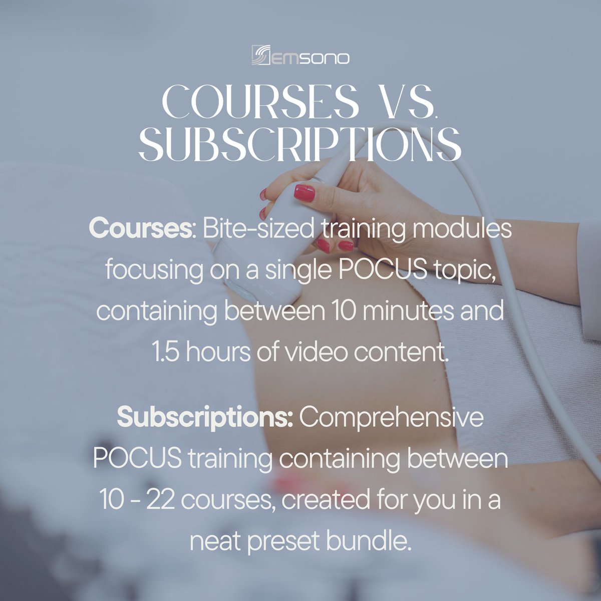 EMsonoPOCUS's tweet photo. What's right for you—our #POCUS courses or subscriptions?

🩺 Courses: Single topics (10 min–1.5 hrs), earn 2–11 CME credits.

🩺 Subscriptions: Up to 22 courses, 23–75 CME credits.

Use your CME funds before they expire!
👉 https://t.co/i1qrzIpOSn
👉 https://t.co/bFjfCLQbNl https://t.co/JdCYDTbyMt