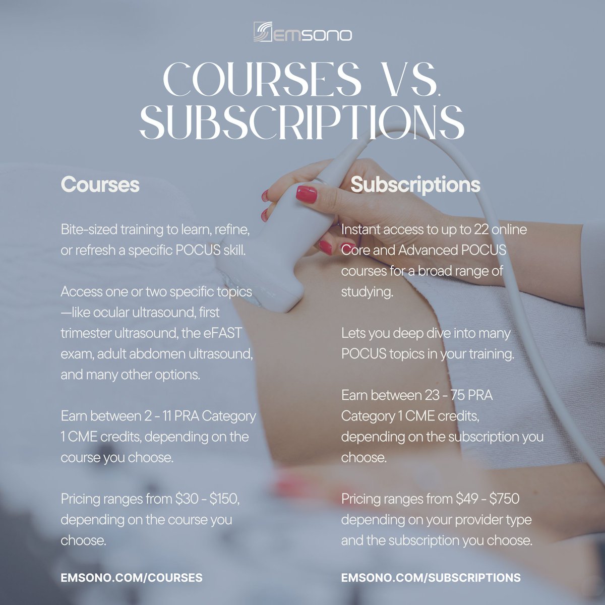 EMsonoPOCUS's tweet photo. What's right for you—our #POCUS courses or subscriptions?

🩺 Courses: Single topics (10 min–1.5 hrs), earn 2–11 CME credits.

🩺 Subscriptions: Up to 22 courses, 23–75 CME credits.

Use your CME funds before they expire!
👉 https://t.co/i1qrzIpOSn
👉 https://t.co/bFjfCLQbNl https://t.co/JdCYDTbyMt