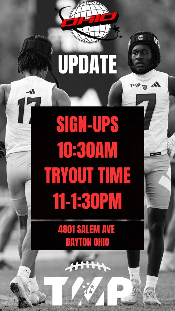 2 days away! Let’s work!!! Come compete for a spot on the <a href="/TMPEliteOH7v7/">TMP OHIO 7v7</a> as well as National Elite 7v7 <a href="/TMPMafia7v7/">TMPEliteNational7v7</a>  
It’s bout that time!!!! 🔥🔥🚀⏰🏈🏈 <a href="/dmccleskey23/">Daryl D. McCleskey, Sr “ Coach Dink”</a> <a href="/CoachTTMP/">5 ⭐ Coach T Dubb TMP 🏁 🐐</a> <a href="/Nicoe_H__/">Billy "Nicoe" Hurst</a> <a href="/CoachMikeHillSF/">Mike Hill Jr.</a> <a href="/CoachJAM3/">John A. Miller III</a> 
Sign up here: registration.teamsnap.com/form/17579