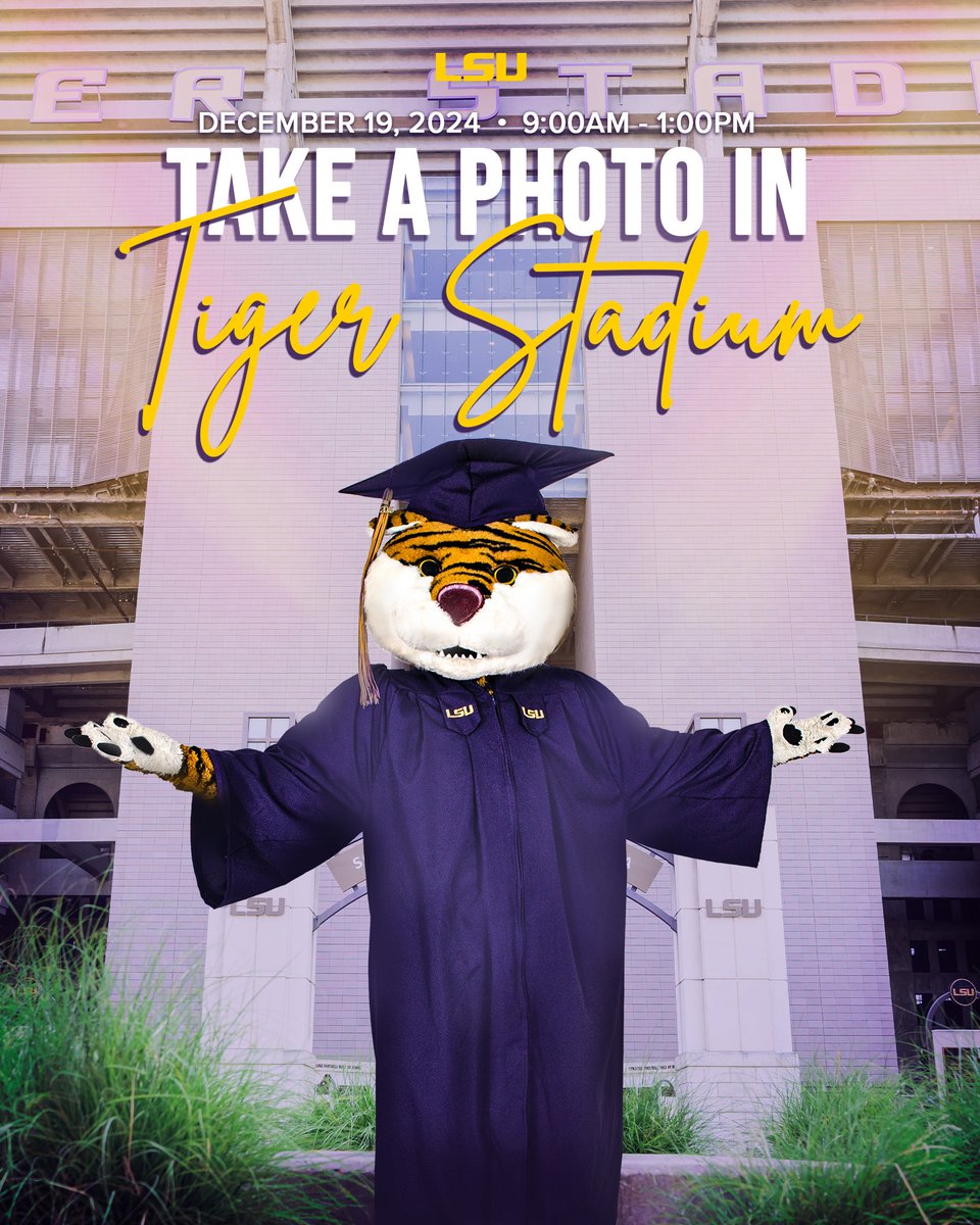 You asked for it, we brought it back 😎 Get your grad photo in Tiger Stadium!

Between 9 a.m.–1 p.m. Thursday, 12/19 you and your families can take a FREE photo inside Tiger Stadium in the north endzone. Be sure to bring your own photographer or phone for photos!