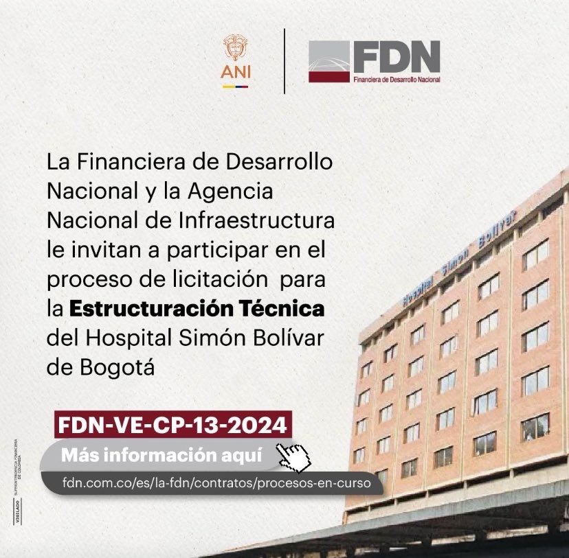 Katherin_Sand's tweet photo. La infraestructura social y productiva a cargo de la #ANI empezó a ser una realidad!

Por eso, junto con la @FDNcolombia extendemos la invitación al proceso de licitación para la Estructuración Técnica del Hospital Simón Bolivar🏥.

Conoce aquí ⬇️ todos los detalles. https://t.co/fOp4VR1tdk