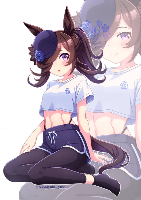 #ウマ娘#ライスシャワー 髪型をポニーテールにして丈が短めのTシャツを着用し、控えめに割れた腹筋を見せつつドルフィンパンツにレギンスを合わせたライスシャワーを描きました!! 
