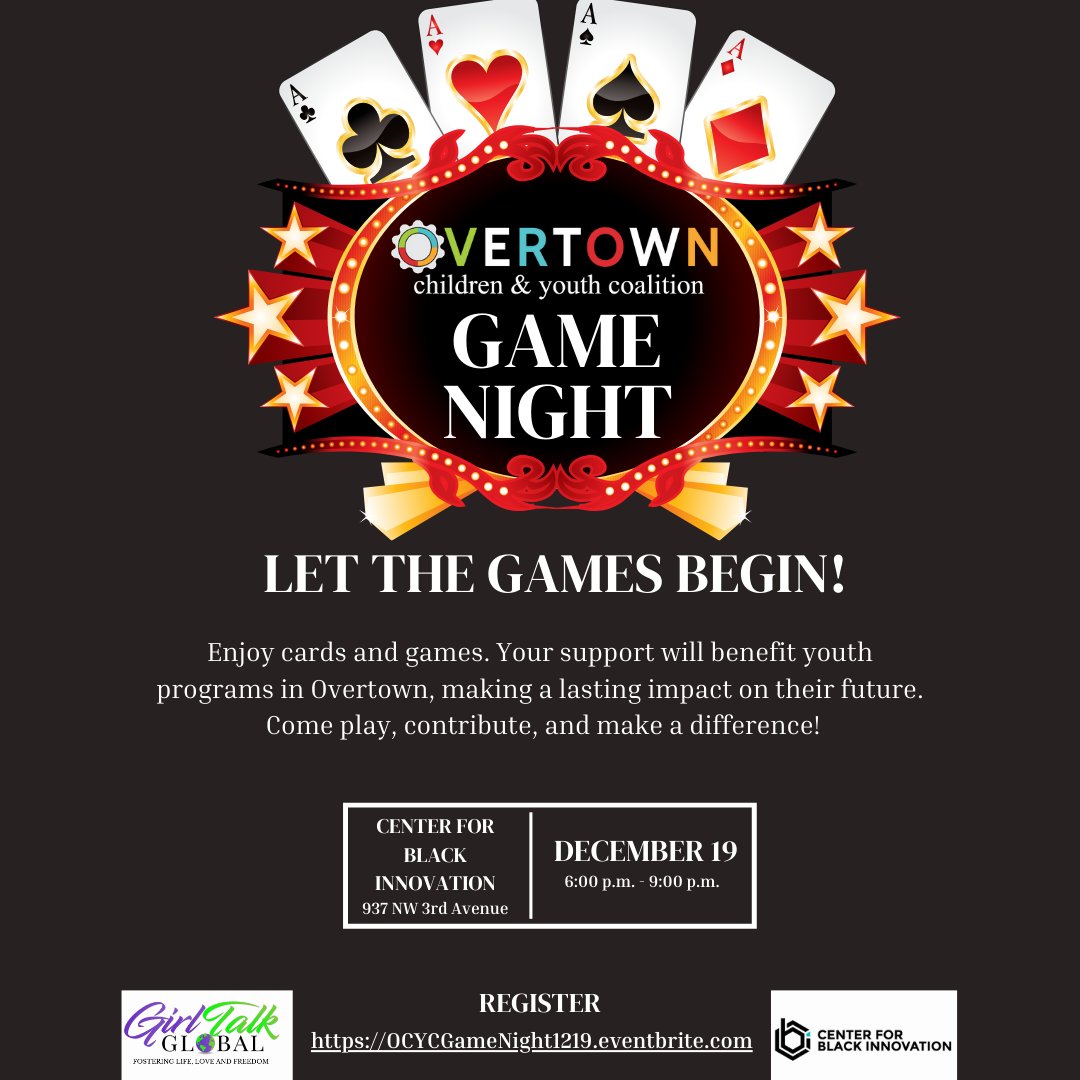OvertownCYC (@overtowncyc) on Twitter photo Come and enjoy a night of friendly competition and camaraderie with fellow members of the Overtown community  to support Overtown youth programs  during OCYC’s Game Night!
RSVP OCYCGameNight1219.eventbrite.com
#OCYC #OCYCGameNight #Overtown #Fundraiser #Donations #Youth #Education Come and enjoy a night of friendly competition and camaraderie with fellow members of the Overtown community  to support Overtown youth programs  during OCYC’s Game Night!
RSVP OCYCGameNight1219.eventbrite.com
#OCYC #OCYCGameNight #Overtown #Fundraiser #Donations #Youth #Education