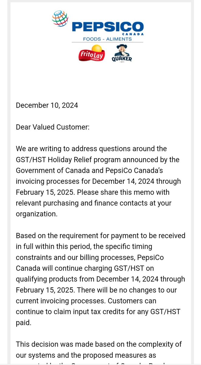 CFIB's tweet image. Still think the GST/HST holiday is a breeze for small business?
All companies (including manufacturers and wholesalers) selling products subject to the holiday are to zero-rate the tax starting Dec. 14.
Here is a response from @PepsiCo Canada. If large companies can't do…