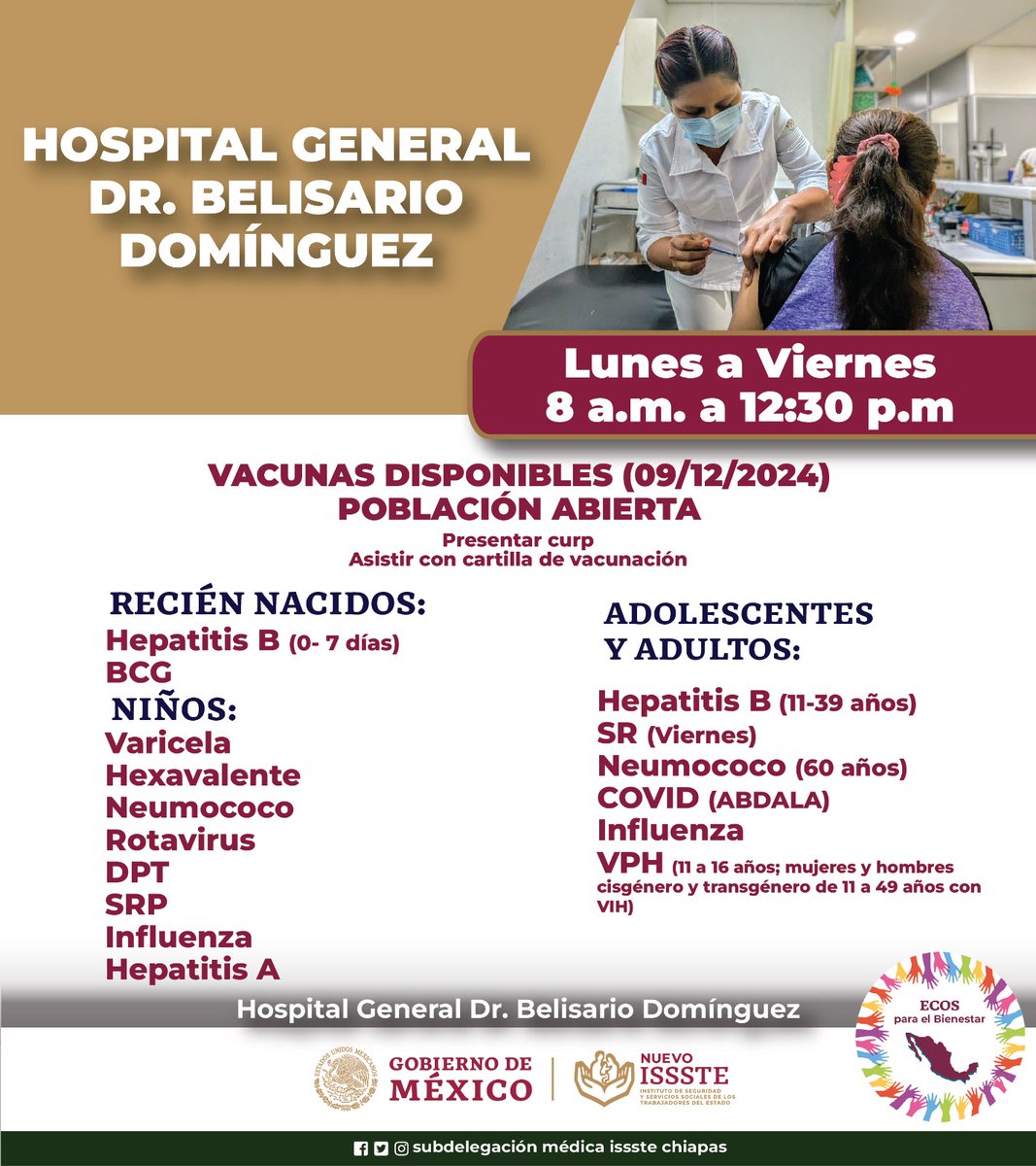 Actualización de vacunas existentes en el Hospital General "Dr. Belisario Domínguez" para la población en general.
Acude con nosotros de lunes a viernes en el horario de 8:00 a 12:30 hrs.
#ISSSTE #ISSSTESalud #ISSSTEChiapas