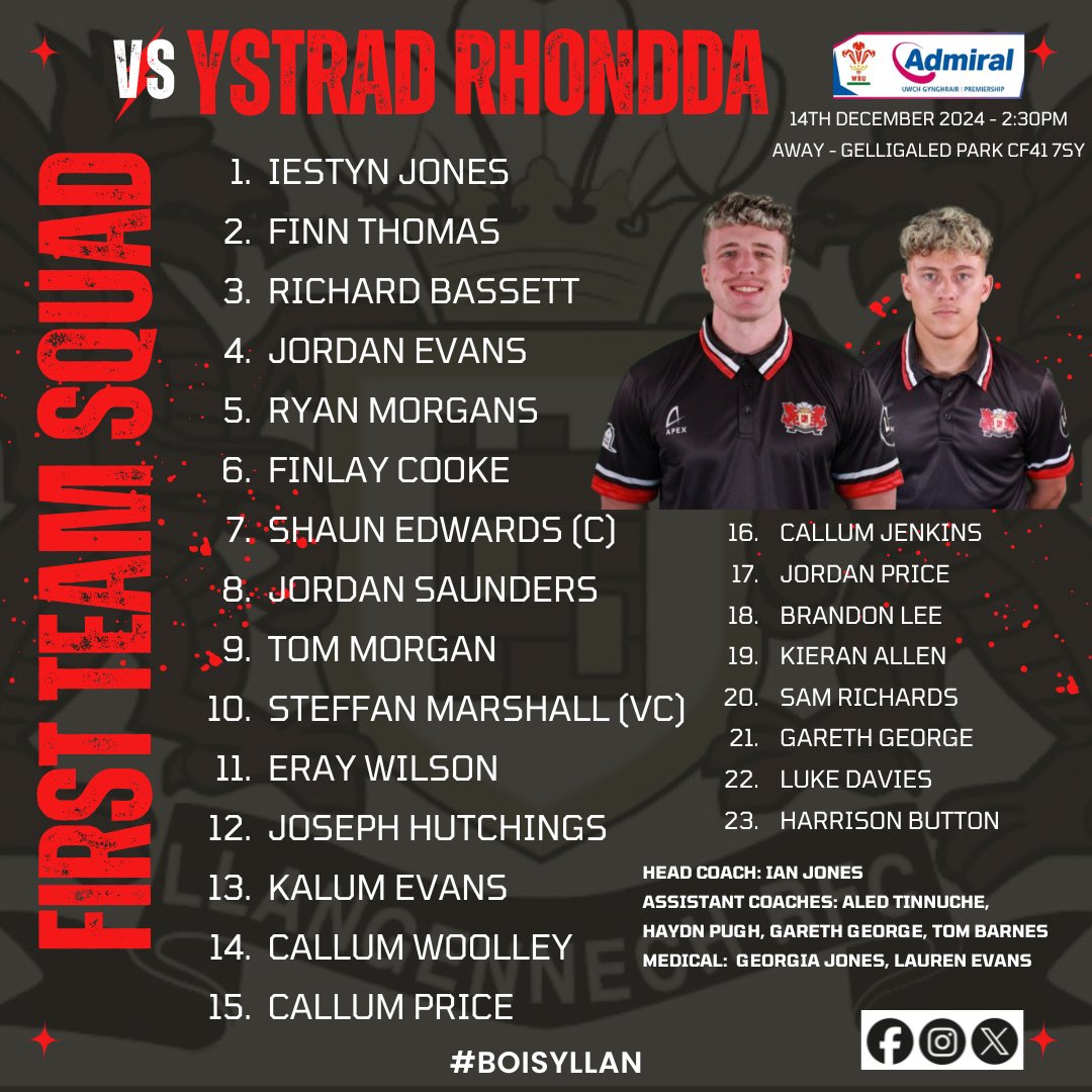 🏉TEAM SELECTION🏉

Here is the squad that make the trip to <a href="/YstradRFC/">YSTRAD RHONDDA RFC</a> on Saturday 

Good luck to Captain Shaun Edwards &amp; the rest of #BoisYLlan

⚫️🔴⚪️
