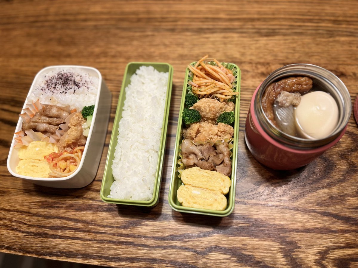 おはようございます♪
今日は2人分のお弁当です🍱今日は寒いので昨日作った🍢も持たせてました。