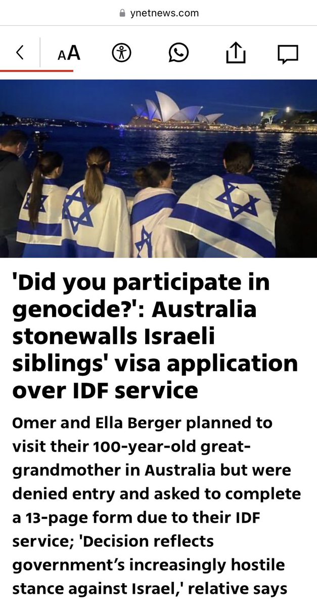 _amroali's tweet photo. The questions on the Australian visa for Israelis included “whether they had participated in physical or psychological abuse, served as guards or officials in detention facilities or engaged in war crimes or genocide.” 
Don’t underestimate the ICC effect and the changing times. https://t.co/VWuM6NGVD5