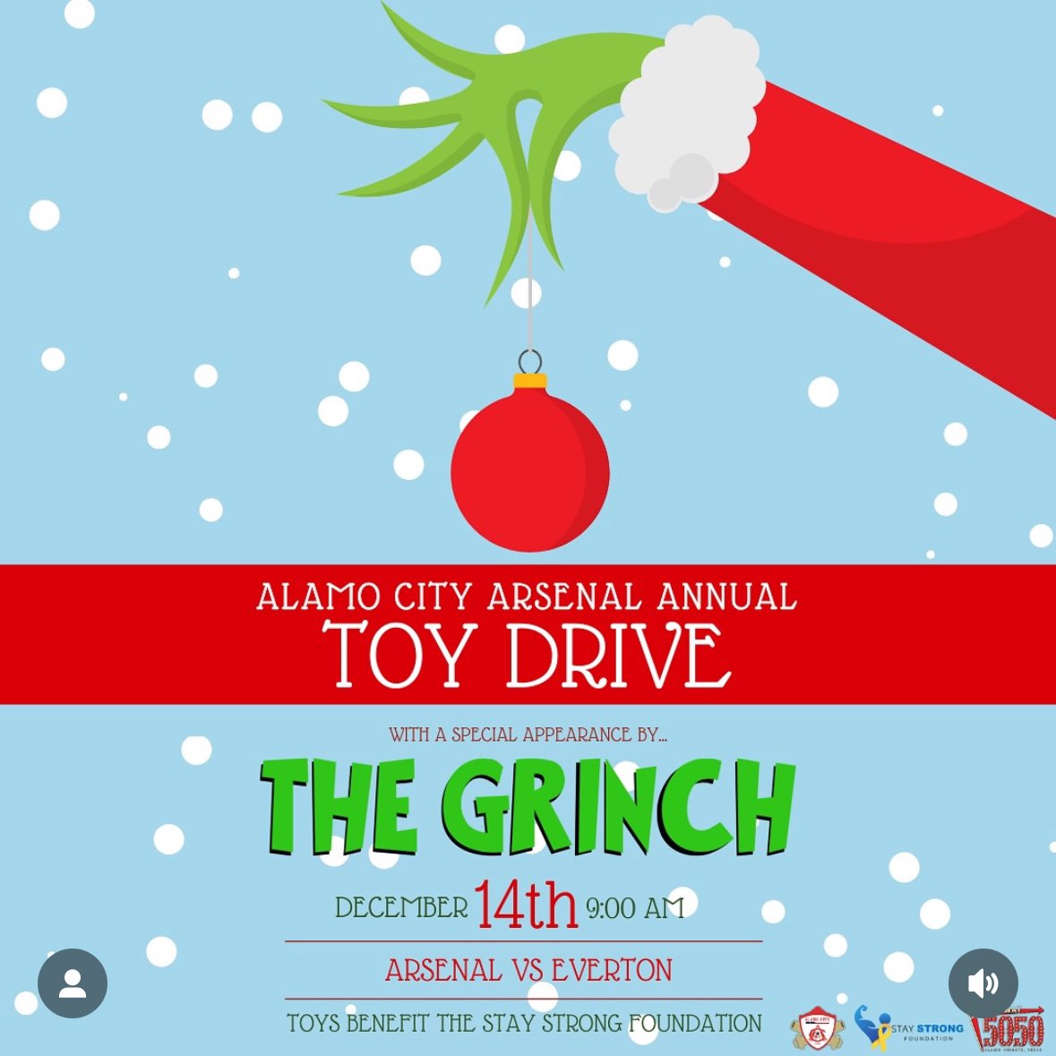 This weekend is our annual Toy Drive, this year benefiting the local Stay Strong Foundation.

Hopefully since the Grinch will be busy visiting us he can’t influence VAR… See you all Saturday morning!

#vcc #SanAntonio #Arsenal #DeepInTheHeart
