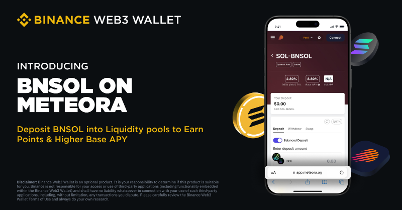 BinanceWallet's tweet photo. Boost your earnings! Deposit BNSOL into @MeteoraAG liquidity pools to score points and enjoy a higher base APY.

Check it out 👇