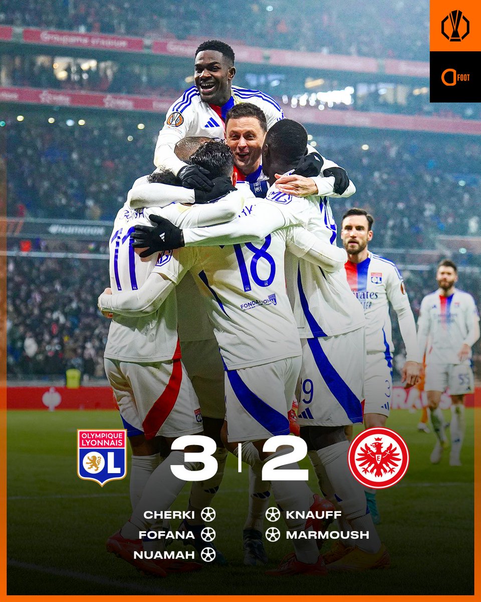 ActuFoot_'s tweet photo. 🚨 𝗟𝗬𝗢𝗡 𝗦'𝗜𝗠𝗣𝗢𝗦𝗘 𝟯-𝟮 𝗖𝗢𝗡𝗧𝗥𝗘 𝗙𝗥𝗔𝗡𝗖𝗙𝗢𝗥𝗧 𝗔̀ 𝗗𝗢𝗠𝗜𝗖𝗜𝗟𝗘 ! ❤️💙

Les Lyonnais comptent 13 points dans cette Ligue Europa et sont 4es du classement. ✅

Encore un Rayan Cherki 🇫🇷 éblouissant ce soir avec l’OL. ⚽️🎯🎯

Francfort est 5e avec 13 points. https://t.co/8B9sKYAFPG