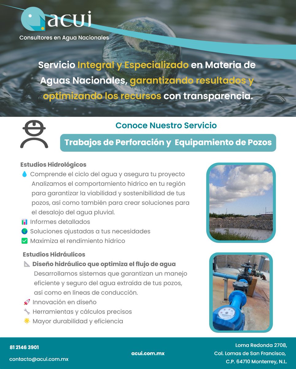 AcuiMx's tweet image. 🌟 &quot;¡Bienvenidos a la semana especial de #ACUI! Donde estaremos presentando  nuestro servicio de **🛠️ Trabajos de Perforación y Equipamiento de Pozos**.
🌟&quot;
🌊 **Estudios Hidrológicos**
💧 **Estudios Hidráulicos**