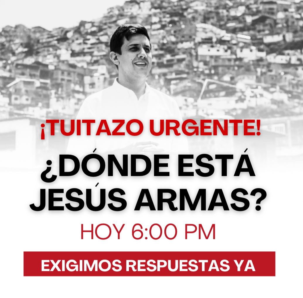 MariaCorinaYA's tweet photo. Jesús lleva 48 horas desaparecido, su familia no ha podido verlo ni saber dónde está. El régimen es responsable de su integridad!!

Jesús Armas es dirigente político, activista social, defensor de derechos humanos, profesor universitario y miembro de nuestro Comando Con VZLA en Caracas. Fue secuestrado la noche del martes 10 y se desconoce su paradero. 

#LibertadParaJesus 
#DondeEstaJesus