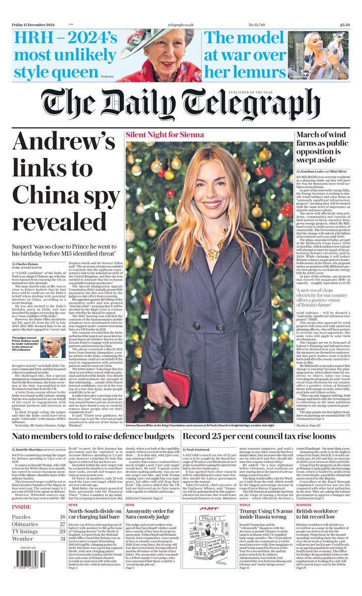 The front page of tomorrow's Daily Telegraph:

'Andrew's links to China spy revealed'

#TomorrowsPapersToday

Sign up for the Front Page newsletter
telegraph.co.uk/frontpage-news…