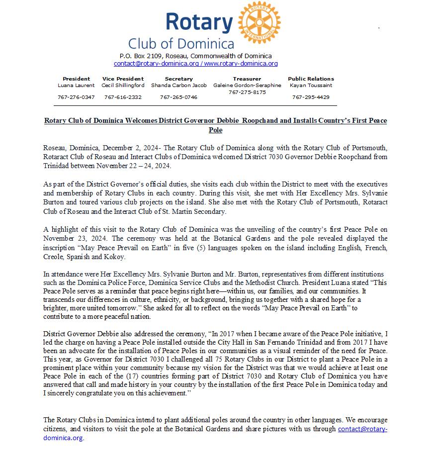 RotaryDominica's tweet photo. On November 23, 2024, The Rotary Club of Dominica was honored to welcome District Governor Debbie Roopchand and unveil Dominica’s first Peace Pole! With the powerful message “May Peace Prevail on Earth” in five local  languages , a beacon of hope for unity and harmony. https://t.co/NrqmvFM7mQ