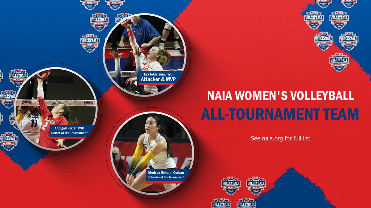 NAIA's tweet photo. W🏐
ICYMI the #NAIAWVB All-Tournament Team was announced on Tues &amp; headlined by 

Tournament Attacker &amp; MVP: Eva Joldersma @IWUWildcats 
Tournament Setter: Abbigail Porter, IWU
Tournament Defender: Marissa Uehara, @CorbanAthletics 

See full list--> https://t.co/gkQ1MKD3cB https://t.co/VuucWRE5OF
