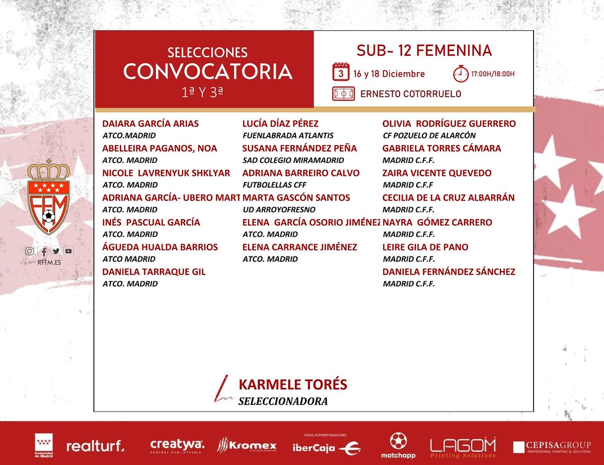 RFFM_oficial's tweet photo. 📝 Convocatoria de la Selección Sub-12 femenina

La selección 'Siete Estrellas' dirigida por Karmele Torés realizará tres sesiones de entrenamiento en Cotorruelo 🏟️ la próxima semana.

Estas son las convocatorias para lunes 16, martes 17 y miércoles 18, día en el que entrenarán juntas las convocadas para el lunes y las convocadas para el martes.