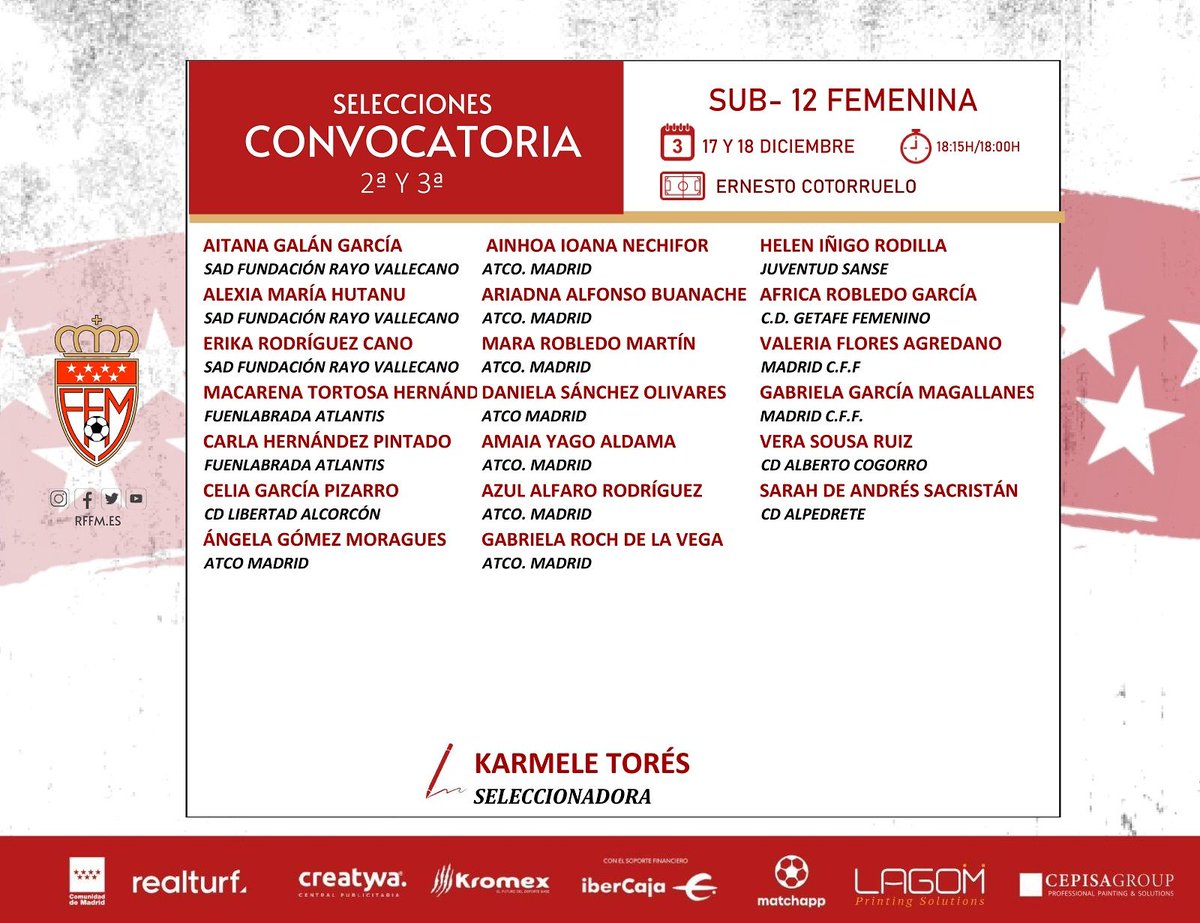RFFM_oficial's tweet photo. 📝 Convocatoria de la Selección Sub-12 femenina

La selección 'Siete Estrellas' dirigida por Karmele Torés realizará tres sesiones de entrenamiento en Cotorruelo 🏟️ la próxima semana.

Estas son las convocatorias para lunes 16, martes 17 y miércoles 18, día en el que entrenarán juntas las convocadas para el lunes y las convocadas para el martes.
