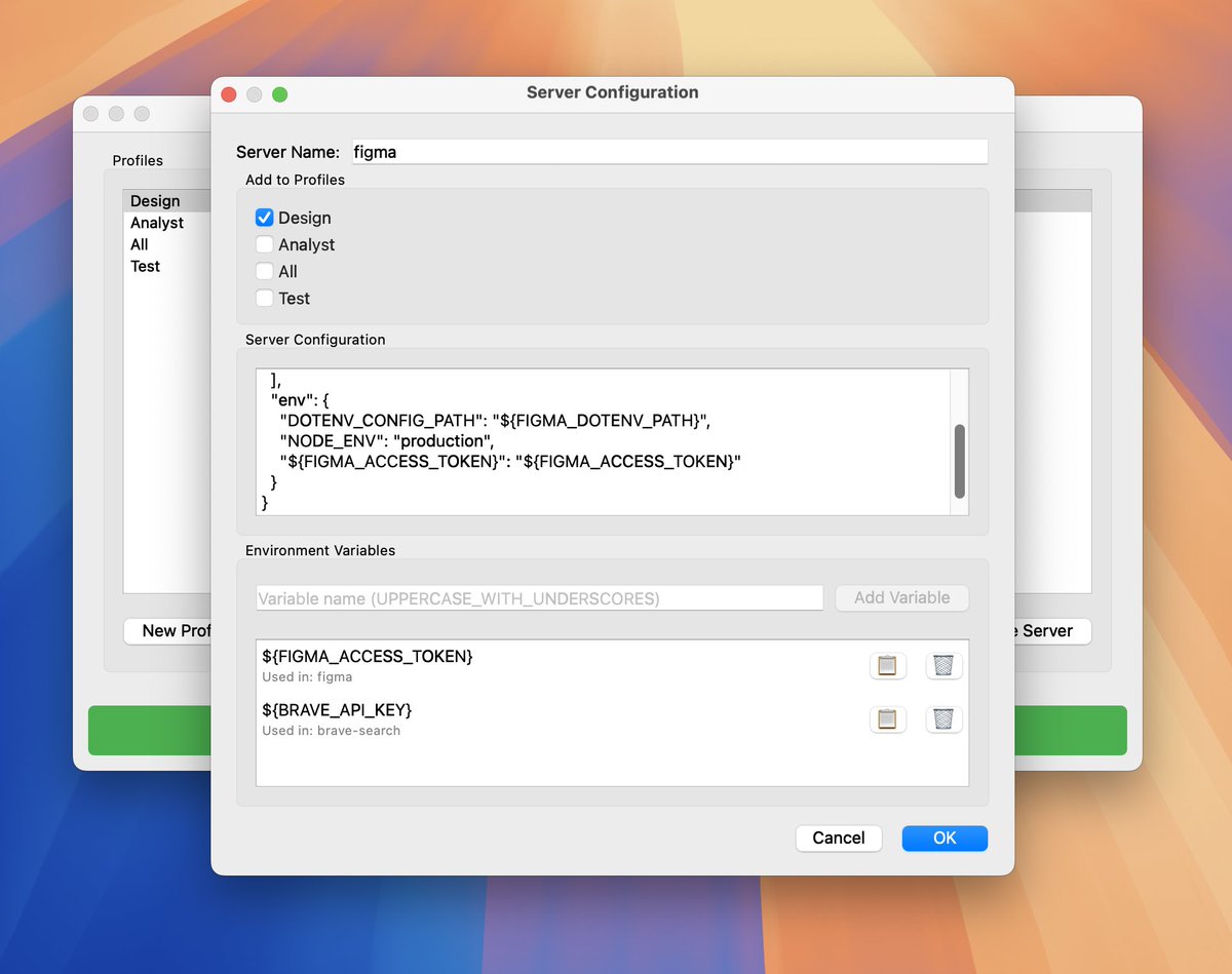 I made a macOS desktop app to manage <a href="/AnthropicAI/">Anthropic</a> Claude's MCP server profiles! 🎉

✨ Claude Profile Manager helps with:

Create profiles for design, analysis, dev &amp; more
Configure multiple MCP servers per profile
Edit JSON configs w/ auto API key detection
Securely manage API