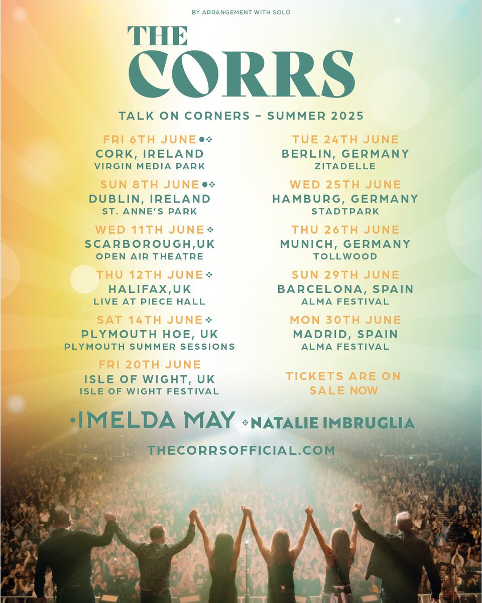 🌞 Tickets to ALL our 2025 summer shows are now on sale! 

Tickets: thecorrsofficial.com

#TheCorrs <a href="/ImeldaOfficial/">Imelda May</a> <a href="/natimbruglia/">natalie imbruglia</a>