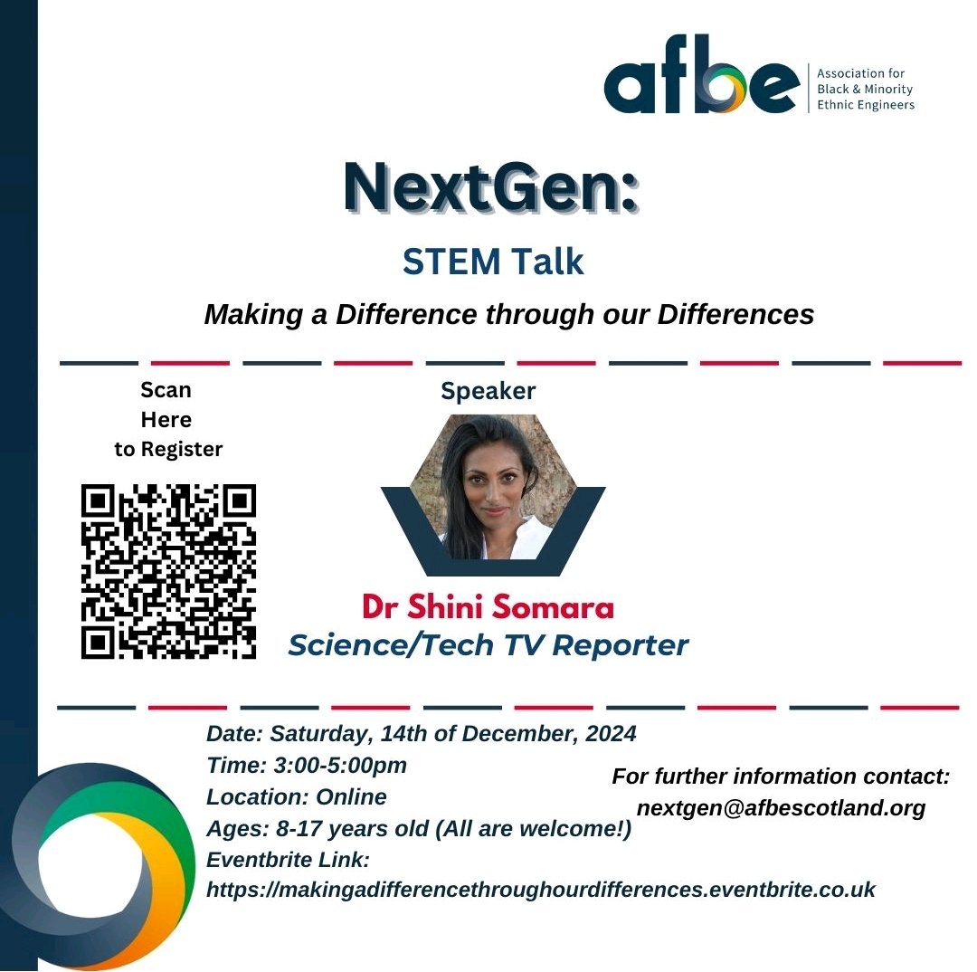 STEMedscot's tweet image. Last chance to sign up for this free virtual STEM talk on Saturday: 
…hroughourdifferences.eventbrite.co.uk

Suitable for families with children aged 8-17. Hear from @RAEngNews Rooke Award winner Dr @ShiniSomara about how diversity fuels innovation! 💡 #STEMequity #STEMfamilylearning