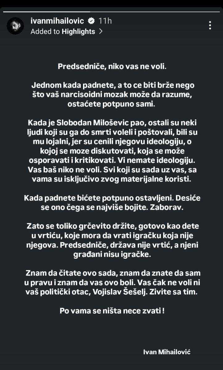 Glumac Ivan Mihailović na svom instagram nalogu. Kapa do poda!✊🏻