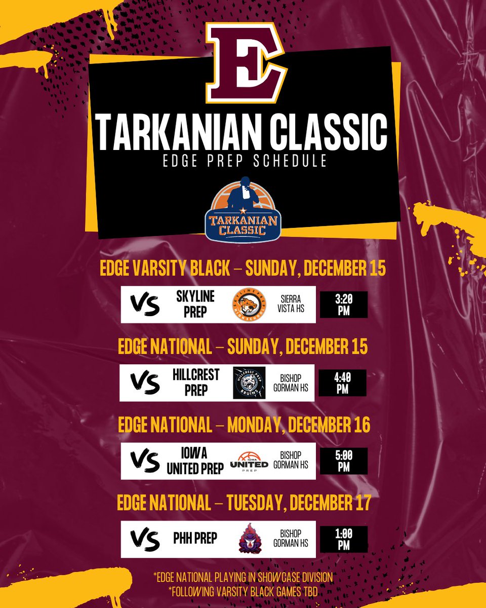 Edge School is back in Las Vegas for our 6th year of the Tarkanian Classic this weekend! The Edge National is the only team in Western Canada competing in the National Showcase Division. 

#TarkanianClassic #EdgeSchool