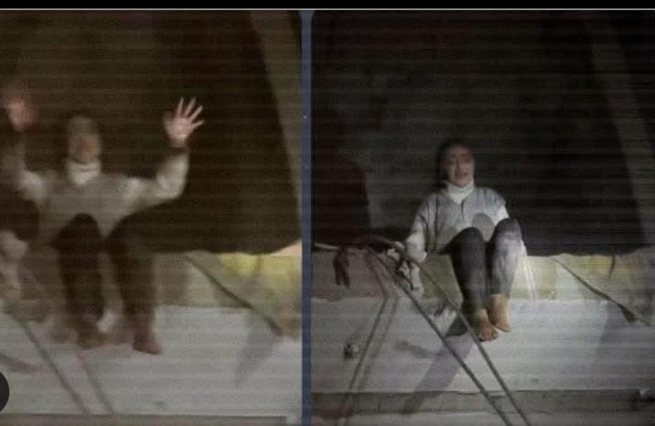 This is not a scene from a horror movie, this is a child from Gaza who was getting ready to sleep but the Israeli missiles were closer to her house, she sat on what remained of her house balcony waving her hand to save herself from death and the smell of the blood of the 25 marty